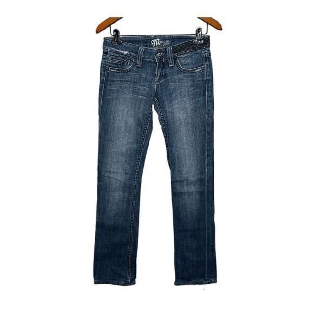 Vintage Miss Me Womens Blue Bejeweled Distressed Montague Bootcut Jeans Size 26